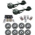 Two Dexter® 10,000 lbs. electric brake trailer axles with a 70" track and 42" spring centers, hangers, equalizers, u-bolts, hangers, and springs with eight 21575R17.5 dual wheels and tires.
