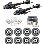 Two Dexter® 10,000 lbs. hydraulic disc brake trailer axles with a 74" track and 46" spring centers, hangers, equalizers, u-bolts, hangers, and springs with eight 21575R17.5 dual wheels and tires.