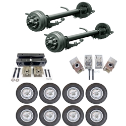 Two Dexter® 10,000 lbs. electric brake trailer axles with a 74" track and 47" spring centers" spring centers, hangers, equalizers, u-bolts, hangers, and springs with eight ST23580R16E dual wheels and tires.