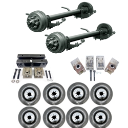 Two Dexter® 10,000 lbs. electric brake trailer axles with a 74" track and 47" spring centers, hangers, equalizers, u-bolts, hangers, and springs with eight 21575R17.5 dual wheels and tires.